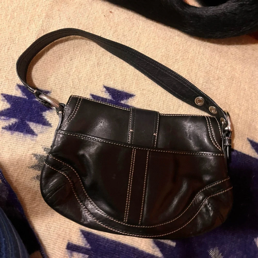 Coach Black Leather Shoulder Hobo with White Topstitching and Silver Hardware - Picture 2 of 4